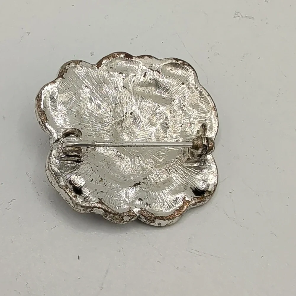 Vintage Cast Pot Metal Orange Enamel Faux Marcasite‎ Layered Rose Flower Brooch